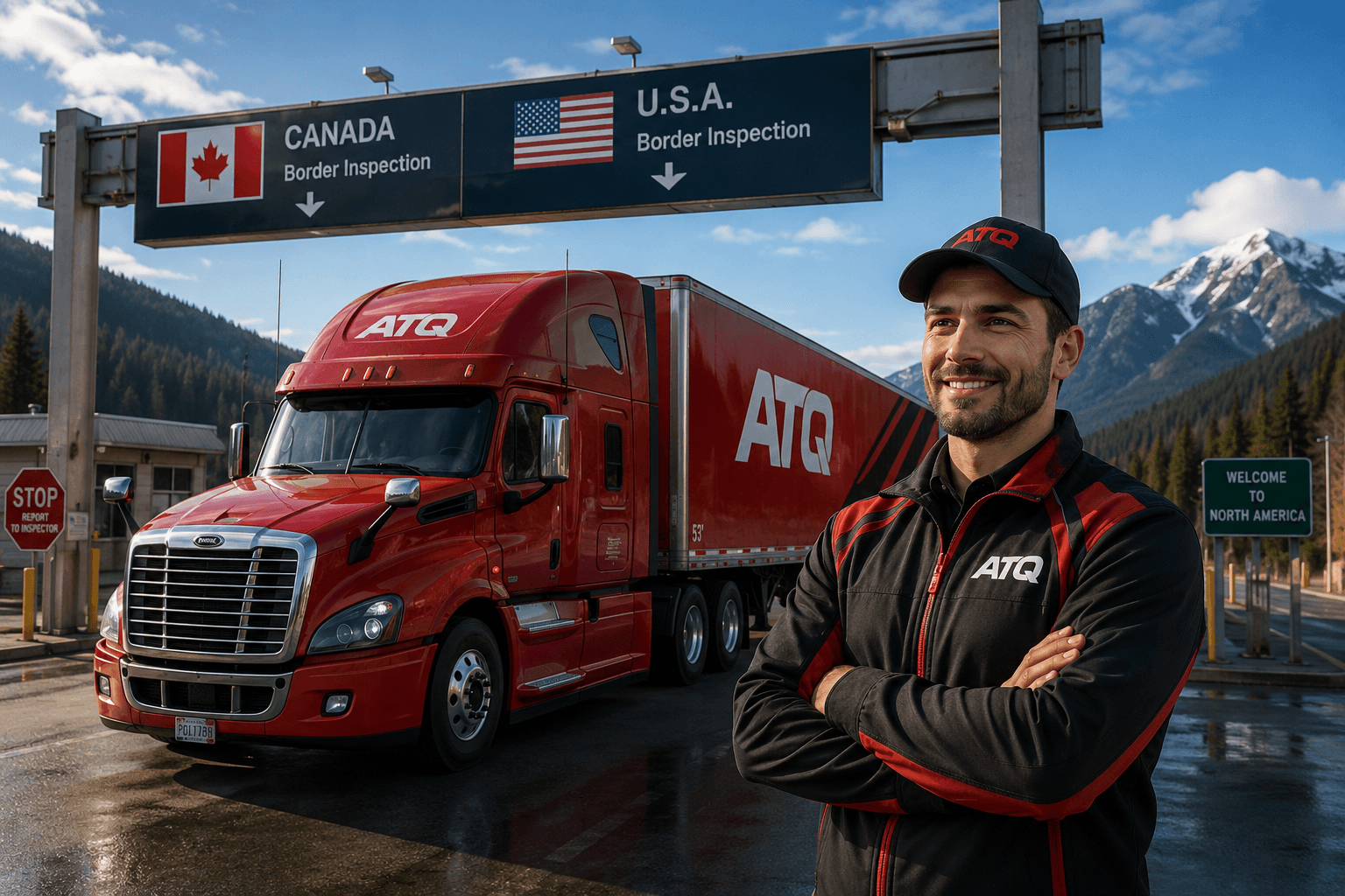 An ATQ driver and truck at the Canada and U.S. border inspection