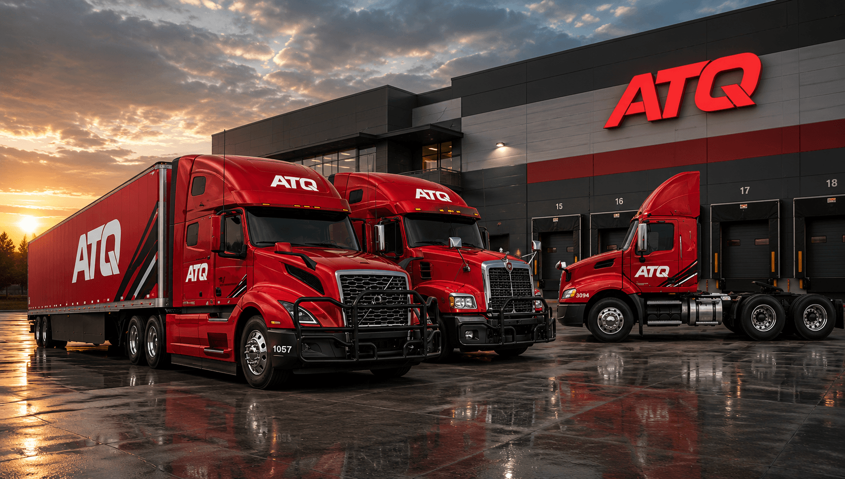 ATQ trucks at a distribution terminal at sunset